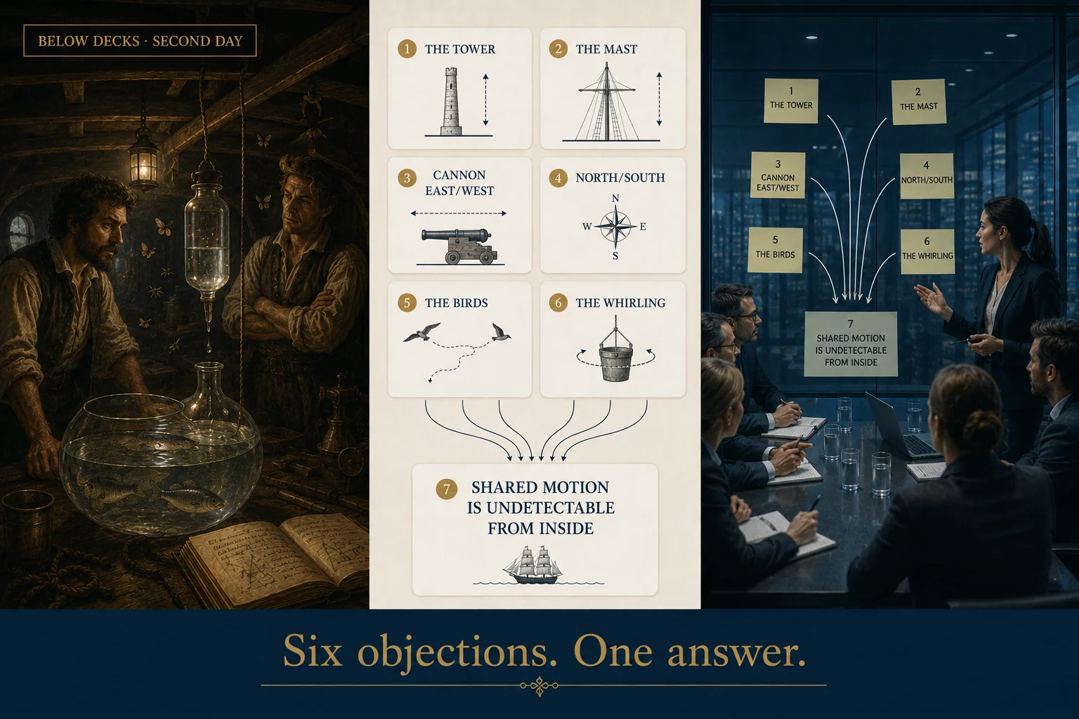 Six numbered objections to a rotating Earth — the tower, the mast, cannon east and west, north and south, the birds and the whirling — with arrows from all six converging into a single card reading: shared motion is undetectable from inside