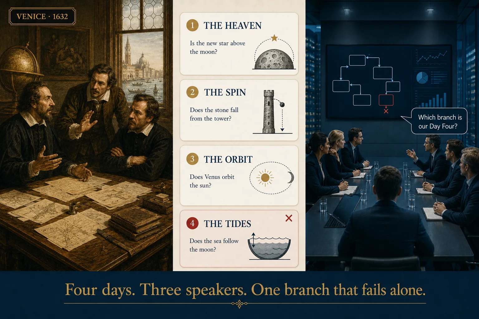 Four-panel infographic: three men debating in a Venice room in 1632; four numbered cards asking whether the heavens change, the Earth spins, Venus orbits the sun, and the sea follows the moon, with the fourth marked with a red cross; and a modern boardroom asking which branch is our Day Four